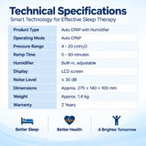 yuwell yh-550 auto cpap machine technical specifications with 4–20 cmh2o pressure range, 0–60 minute ramp time, built-in humidifier, lcd display and noise level up to 30 db