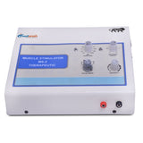 Therapeutic Muscle Stimulator device front panel with mode and intensity controls